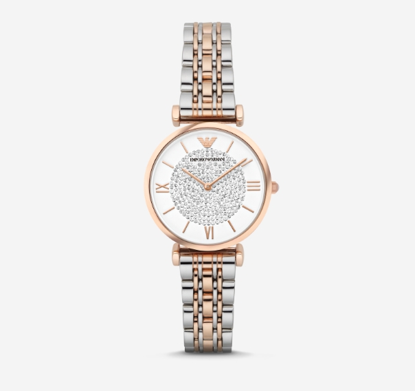 Une montre Emporio Armani en acier inoxydable pour femme.